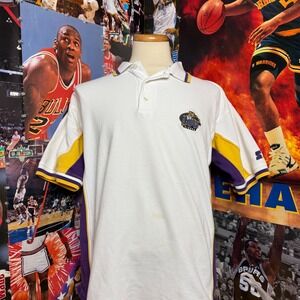 Vintage LSU Tigers Starter White Purple Gold Colorblock Polo Shirt Sz XL